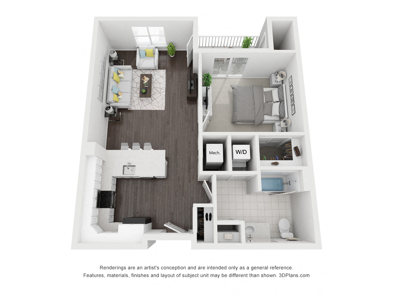 Floor plan for 1 bed, 1 bath, 770 sqft